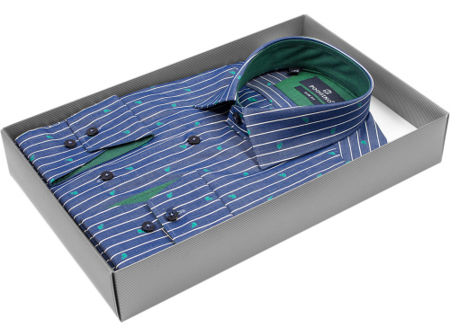 Синяя приталенная мужская рубашка Poggino 5002-39 в полоску