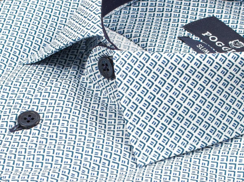 Бирюзовая приталенная мужская рубашка Poggino 5008-12 в ромбах с длинными рукавами