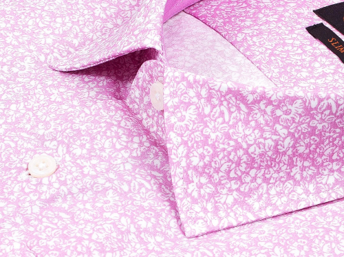 Розовая приталенная мужская рубашка Poggino 7000-40 в цветочек с длинными рукавами