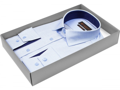 Голубая приталенная мужская рубашка Poggino 7000-48 в ромбах с длинными рукавами