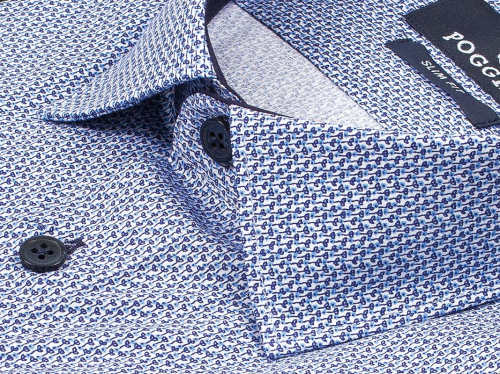 Синяя приталенная мужская рубашка Poggino 5008-32 в цветочек с длинными рукавами
