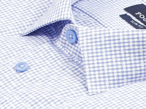 Голубая приталенная мужская рубашка Poggino 5008-17 в клетку с длинными рукавами