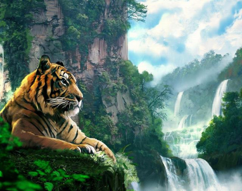 Картины по номерам 40х50 Тигр у водопада
