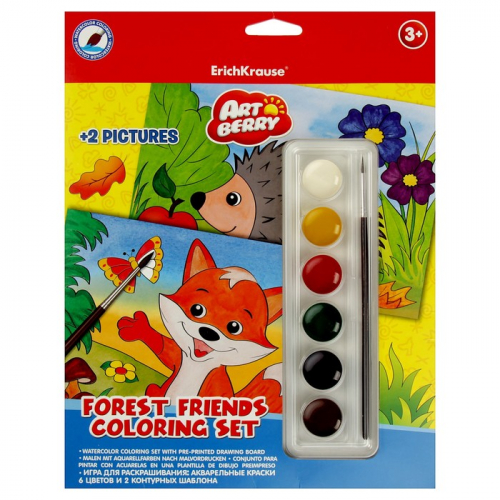 Игра для раскрашивания Forest Friends Coloring Set, акварельные краски 6 цветов + 2 контурных шаблона