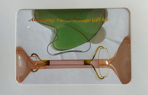 Подарочный набор Массажер для лица двусторонний + скрапер Розовый кварц и зеленого Стекла