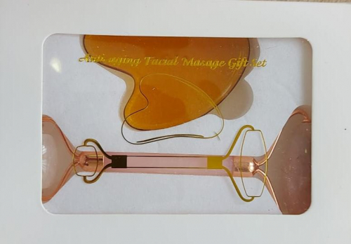 Подарочный набор Массажер для лица двусторонний + скрапер Розовый кварц и желтого Стекла
