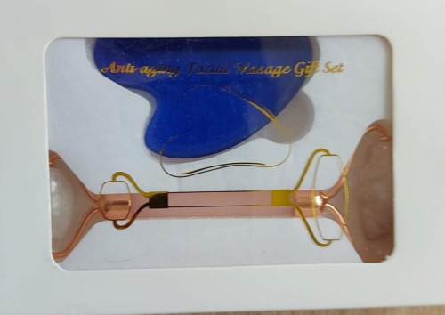 Подарочный набор Массажер для лица двусторонний + скрапер Розовый кварц и синего Стекла