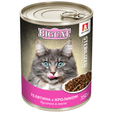 Влажный корм для кошек Big Cat Sterilized «Телятина с кроликом», кусочки в желе, 350г