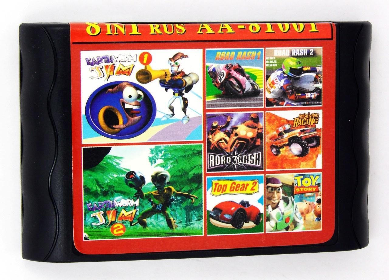 Картридж 16 bit 8 игр AA-81001 EART. JIM 1,2/ROAD RASH 1,2,3/ROCK+..