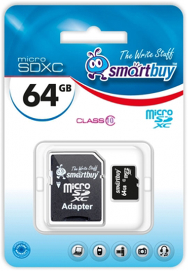 Карта памяти MicroSD Smart Buy 64GB class 10 с адаптером SD