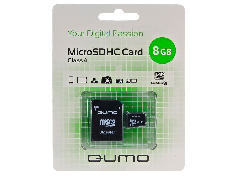 Карта памяти MicroSD Qumo 8GB class 4 с адаптером SD