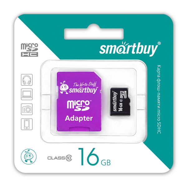 Карта памяти MicroSD Smart Buy 16GB class 10 с адаптером SD