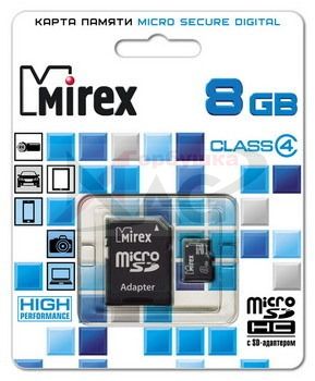 Карта памяти MicroSD Mirex 8GB class 4 c адаптером