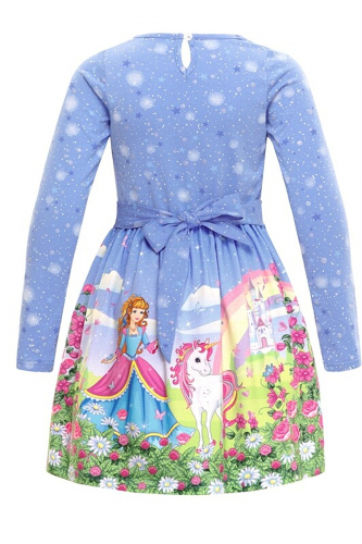 Платье АПРЕЛЬ #272702Звездное небо на голубом с глиттером+принцесса с единорогом