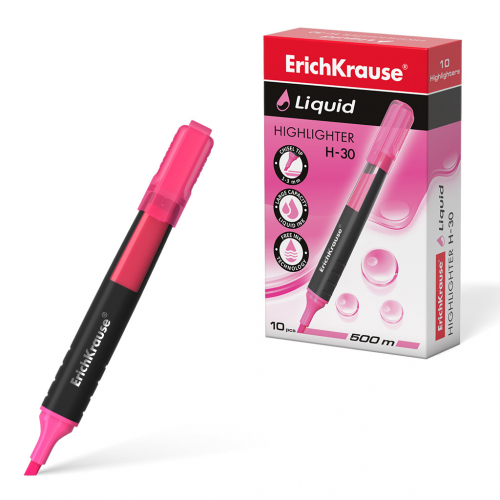Текстмаркер с жидкими чернилами  ErichKrause® Liquid H-30, цвет чернил розовый (в коробке по 10 шт.)