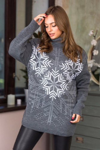 Теплый свитер со снежинками «Сказка» (темно-серый, белый)