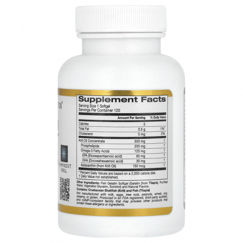 California Gold Nutrition, Масло антарктического криля, комплекс фосфолипидов омега-3 с астаксантином, натуральной клубникой и лимоном, 500 мг, 120 мягких капсул с рыбьим желатином