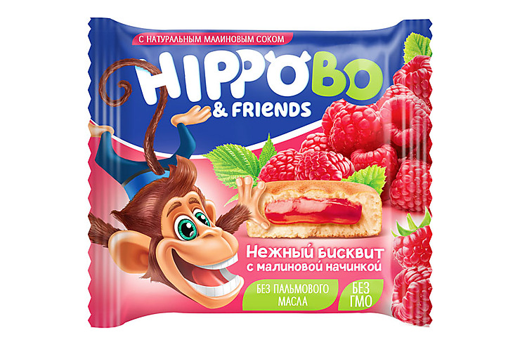 «HIPPO BONDI & FRIENDS», бисквитное пирожное с малиновой начинкой, 32 г (упаковка 12 шт)
