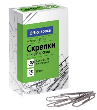 Скрепки 28 мм 100 штук OfficeSpace, 162153