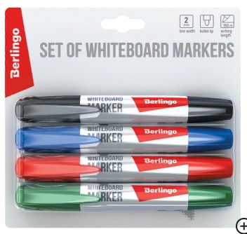 Набор маркеров для доски 4 шт.(черный, синий, красный, зеленый), пулевидный 2 мм, Berlingo 40509, 163732