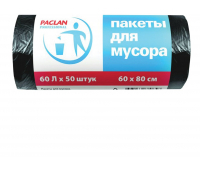 Мешки для мусора, 60 л, комплект 50 шт., рулон, ПНД, 60х80 см, 7 мкм, черные, PACLAN 