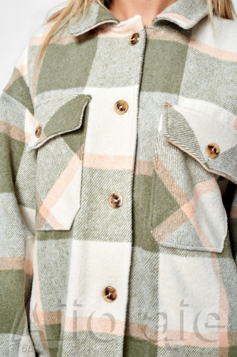Пальто рубашка в оливковую клетку с карманами