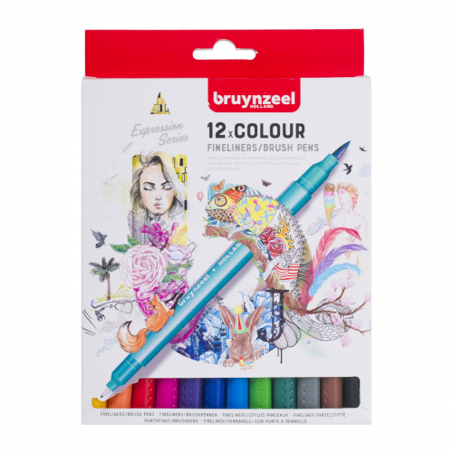 Набор двухсторонних капиллярных ручек Bruynzeel Creatives (линер 0.4мм+кисть) 12 цветов в картонной упаковке