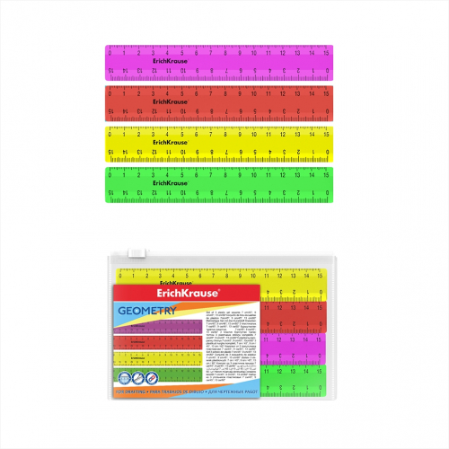 Набор из 4 линеек ErichKrause® Neon Solid, 15см, розовый, оранжевый, желтый, зеленый, в zip-пакете