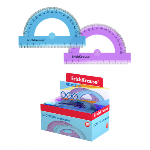 Транспортир пластиковый ErichKrause® Standard, 180°/10см, ассорти из 2 цветов, в коробке-дисплее