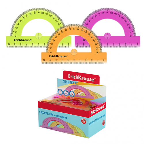 Транспортир пластиковый ErichKrause® Neon, 180°/10см, ассорти из 3 цветов, в коробке-дисплее