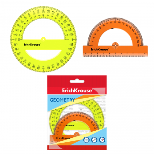 Набор из 2 транспортиров пластиковых ErichKrause® Neon, 180°/10см - оранжевый, 360°/12см - желтый, в флоупаке