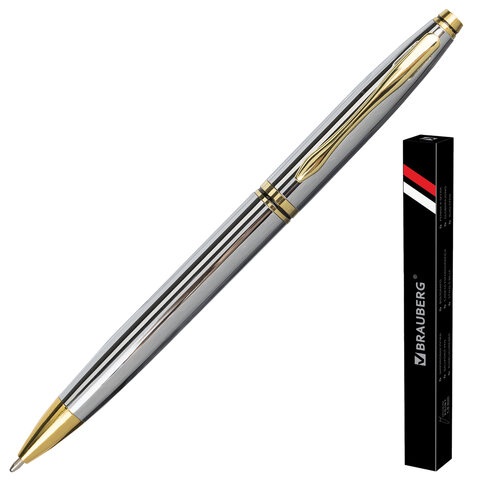 Ручка бизнес-класса шариковая BRAUBERG “De Luxe Silver“, корпус серебристый, золотистые детали, 1 мм, синяя, 141414