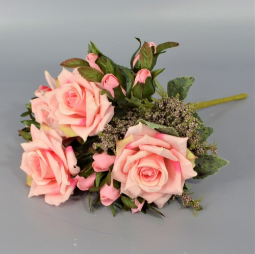 Букет роз с кермеком ткань розовый h30см (436)