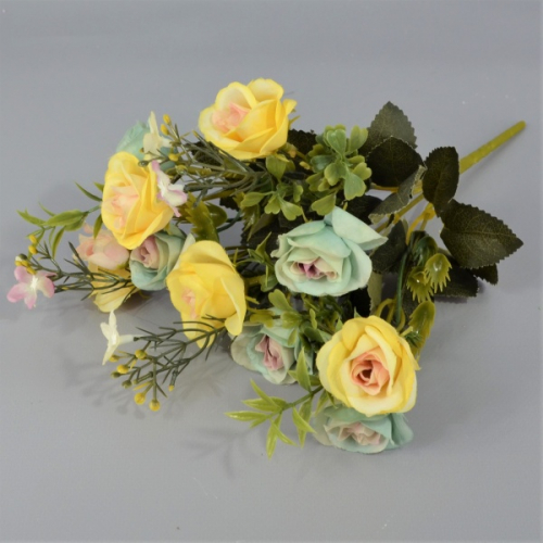 Букет роз двухцветный с мелкоцветом 30см ткань жёлто-голубая (521)
