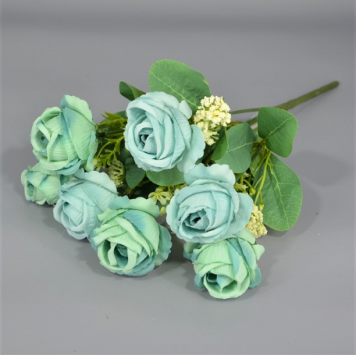 Букет роз с кашкой ткань голубой h34см (30-113)
