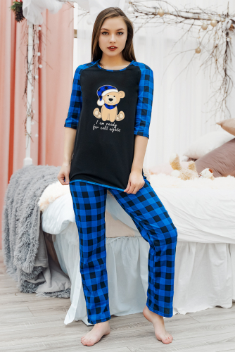 Пижама с брюками ПЖ 020 (Мишка/синяя клетка)