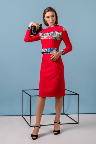 Костюм юбка+блузка с открытыми плечами К 1004 (Красный)