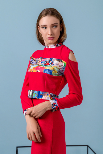 Костюм юбка+блузка с открытыми плечами К 1004 (Красный)