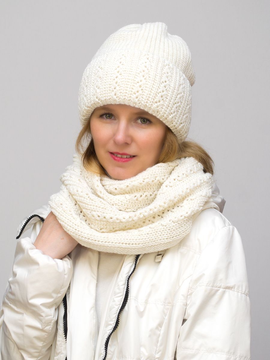Комплект зимний женский шапка+снуд Ажур (Цвет молочный), размер 56-58, шерсть 30%