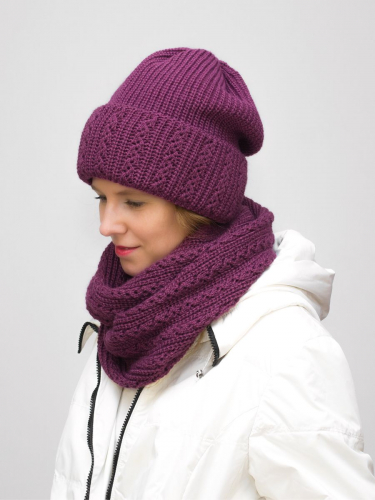 Комплект зимний женский шапка+снуд Ажур (Цвет фуксия), размер 56-58, шерсть 30%