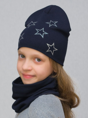Комплект для девочки шапка+снуд Звезды серебряные (Цвет синий), размер 50-52; 52-54, хлопок 95%