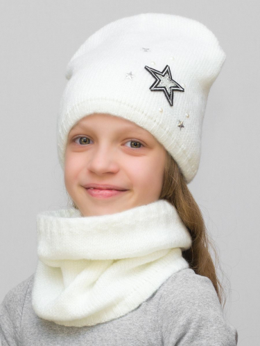 Комплект весна-осень для девочки шапка+снуд Елена (Цвет молочный), размер 52-54, шерсть 30%