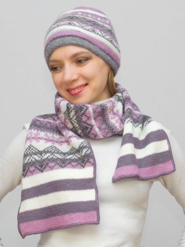 Комплект зимний женский шапка+шарф Альбина (Цвет сиреневый), размер 56-58, шерсть 50% , мохер 30%
