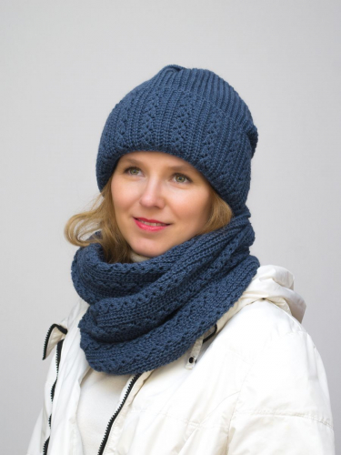 Комплект зимний женский шапка+снуд Ажур (Цвет джинс), размер 56-58, шерсть 30%