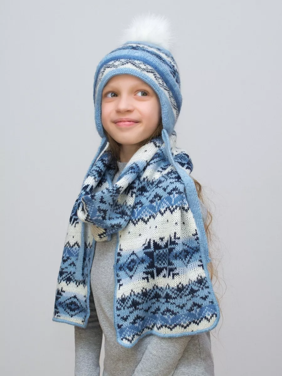 Комплект зимний для девочки шапка+шарф Анютка (Цвет голубой), размер 52-54, шерсть 70%
