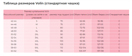 Таблица размеров Volin