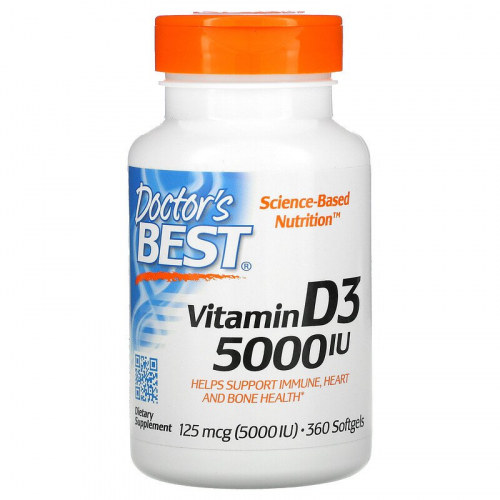Doctor's Best, витамин D3, 125 мкг (5000 МЕ), 180 капсул