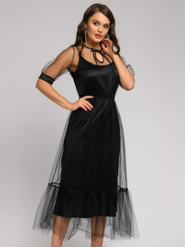 Платье черное длины миди с мягким фатином