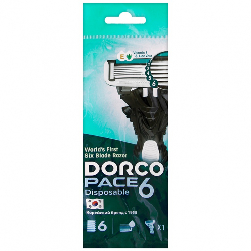 DORCO Бритвенный одноразовый станок PACE6 1шт., плавующая головка с 6лезвиями и увлажняющей полосой, прорезиненная ручка