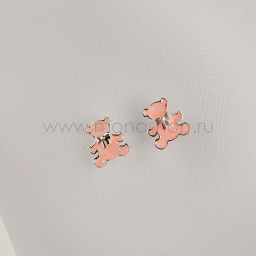 Серьги детские серебряные Розовый мишка с эмалью, покрытие - родий 